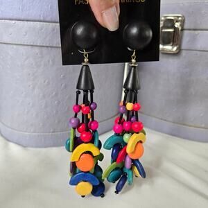 Vintage 80s Colorful Wooden Bead Half Moon Disc Circle Shapes Dangle Earrings